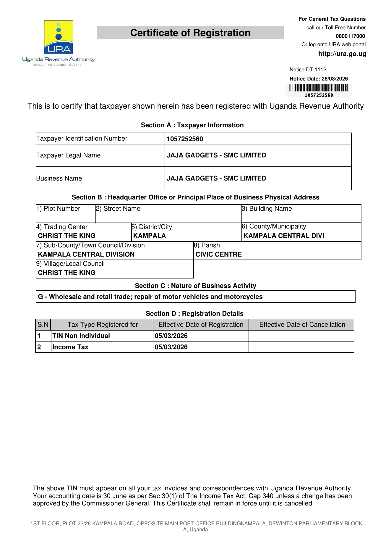 TIN Registration Certificate